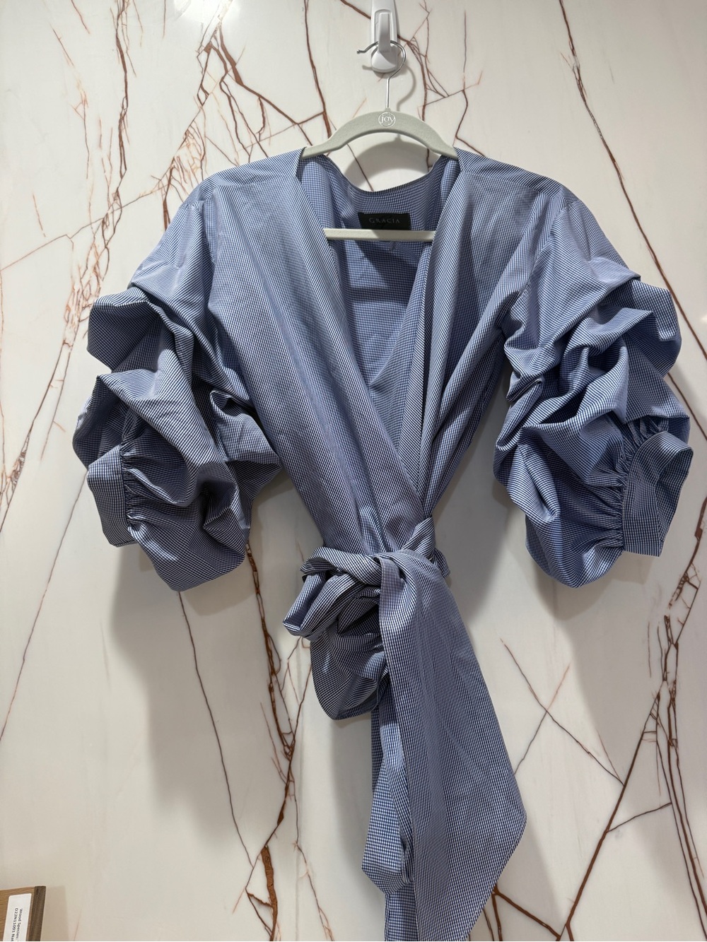 Gracia Light Blue Ruched Sleeve Wrap Blouse